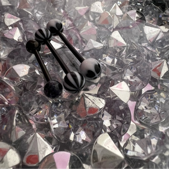 3 tongue rings black plastic screw on barbel plastic beads sparkly white racer - Picture 3 of 4